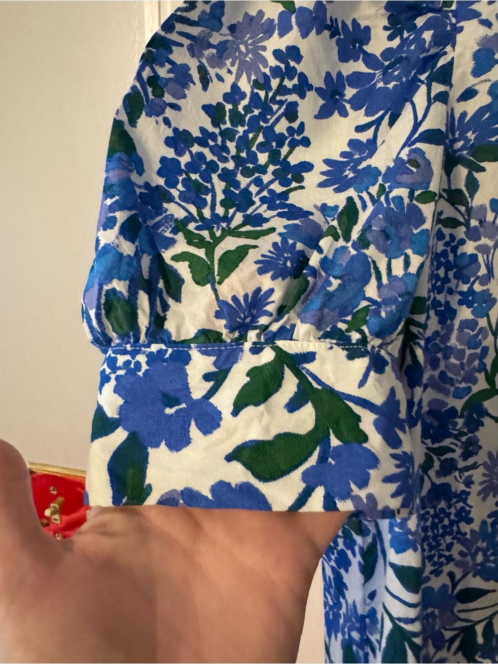 Sugarlips Blue Floral Puff-Sleeve Blouse with Green Accents - Picture 2 of 5